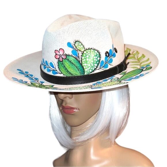 Royal road trading company white straw hand painted fedora! New main image 7